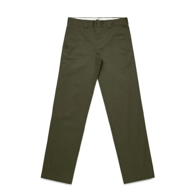 Olive green regular pants with a straight-leg design, featuring a waistband and pockets. Includes a logo.