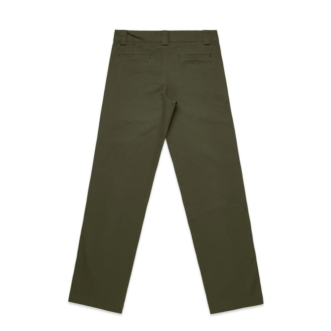 Olive green regular pants with a straight leg design and two back pockets. The fabric appears smooth with a subtle texture.