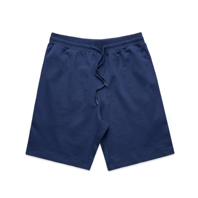 Navy blue sports shorts with an elastic waistband and drawstring, featuring side pockets and a simple design.