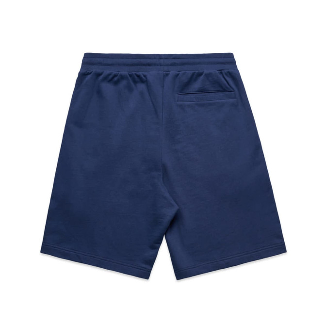 Navy sports shorts featuring an elastic waistband and a back pocket, with a small logo present.