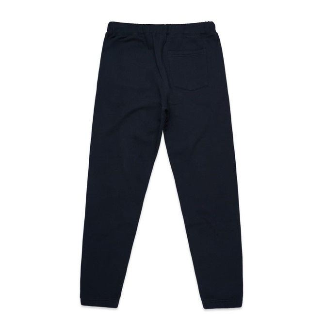Dark navy track pants with a tapered fit, featuring an elastic waistband and a back pocket. Includes branding.