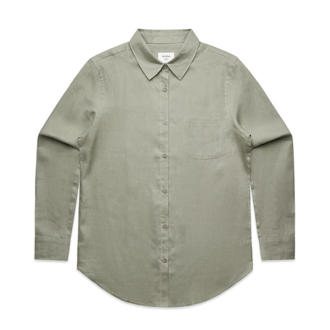 A light green button-up shirt with a collar and a single chest pocket, featuring a logo.