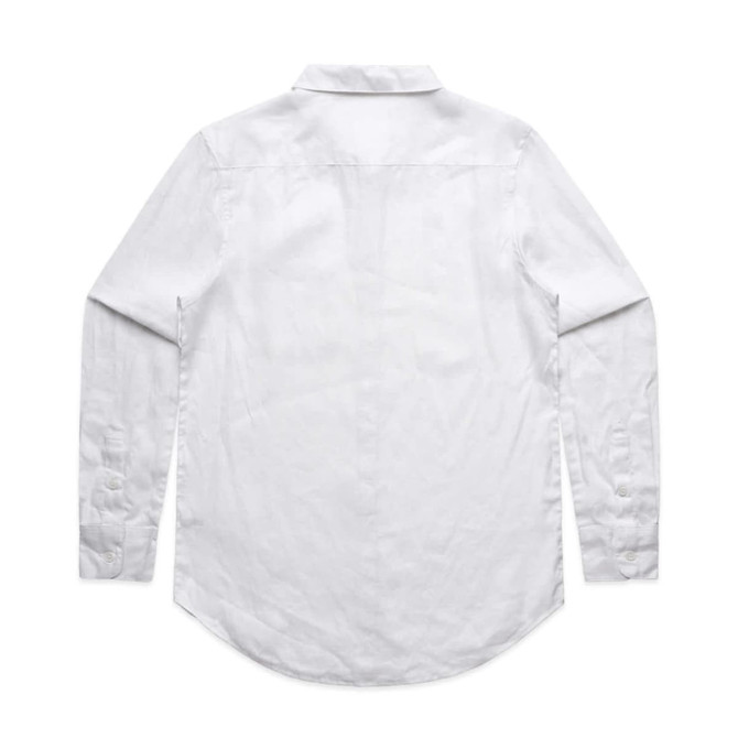 A white button-up shirt with long sleeves and a classic collar, featuring a simple design and a back yoke.