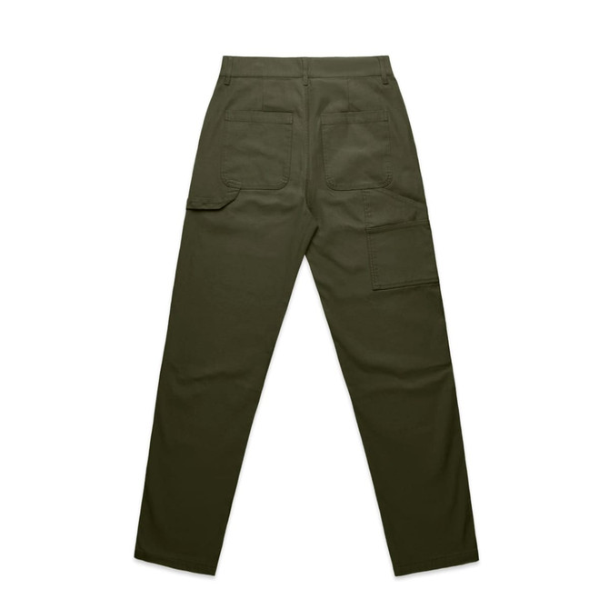 Utility pants in olive green, featuring multiple pockets and a straight-leg design. Includes a logo on the back.