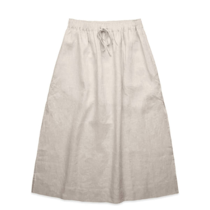 A light beige linen skirt with an elastic waistband and drawstring detail. It has a simple, flowing design.