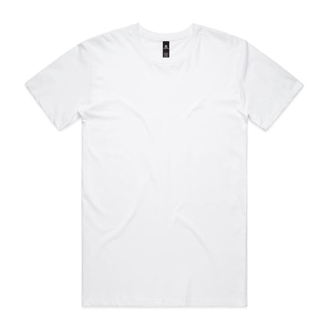 A white T-shirt with a round neck and short sleeves, featuring a logo on the label.