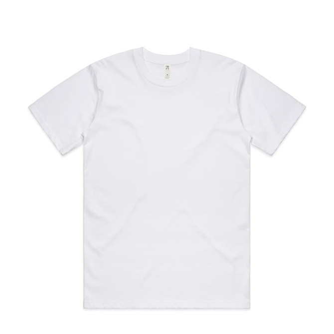 A white classic t-shirt with short sleeves and a round neck, featuring a logo on the tag.