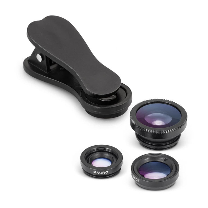 A black 3-in-1 lens kit featuring a clip and three interchangeable lenses: macro, wide, and fisheye.
