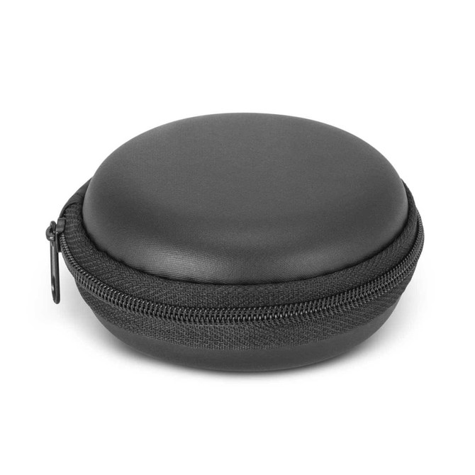A round black case with a zip closure, suitable for holding small items or accessories.