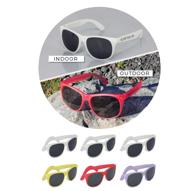 A collection of sunglasses in white, red, yellow, and purple with dark lenses, featuring a logo.