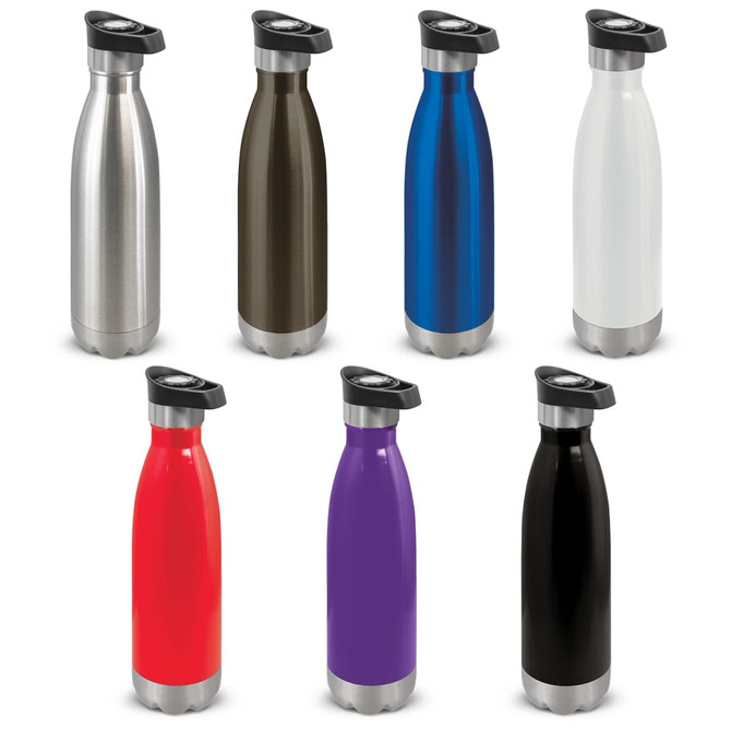 A drink bottle collection featuring stainless steel, black, purple, red, blue, white, brown, and metallic grey designs. Each has a push-button lid.