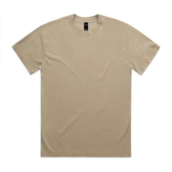 A beige Heavy Faded Tee with a simple design, featuring a logo on the label.