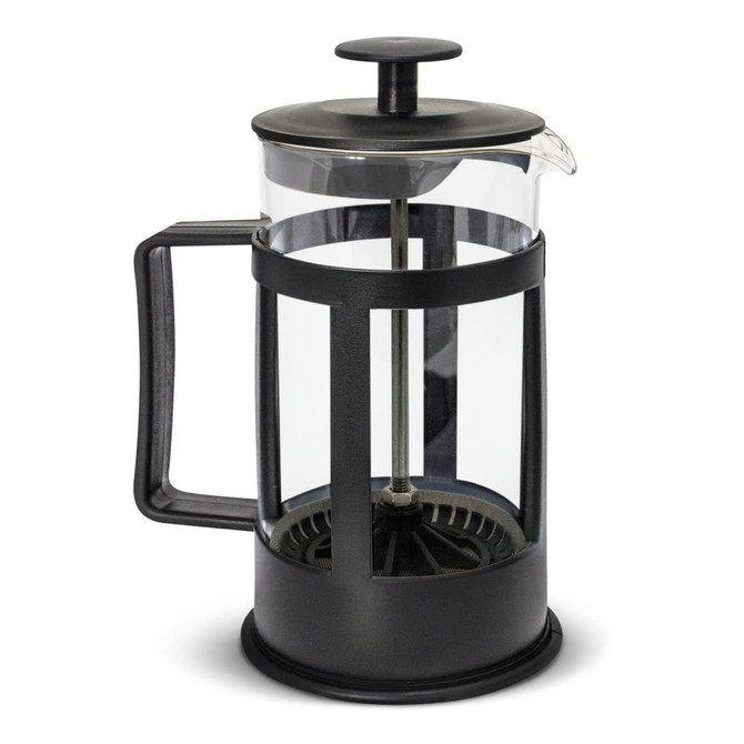 A small glass coffee plunger with a black plastic handle and lid, featuring a metal filter assembly.