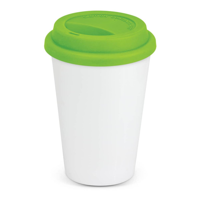 A double wall coffee cup in white with a bright green silicone lid, featuring a logo.