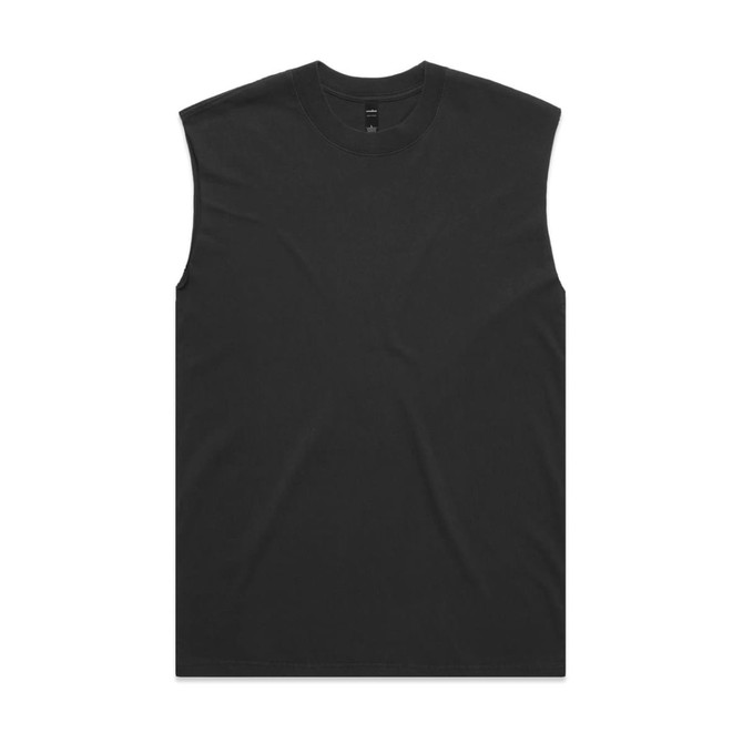 A black, sleeveless tank top with a simple design and a logo on the label.