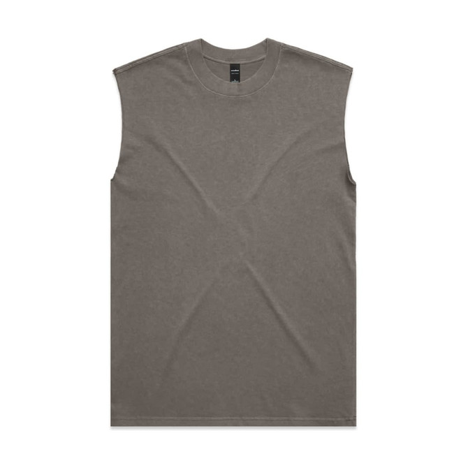 An olive green heavy faded tank top with a rounded neckline and no sleeves, featuring a simple design and a logo.