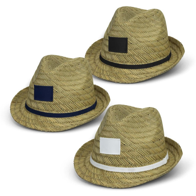 A set of three Santiago Fedora Hats in natural straw with black, navy, and white bands, featuring branding on each.