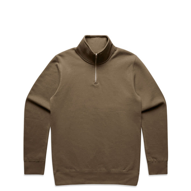 A khaki sweater featuring a half zip design, with long sleeves and a ribbed neckline. It has a logo.