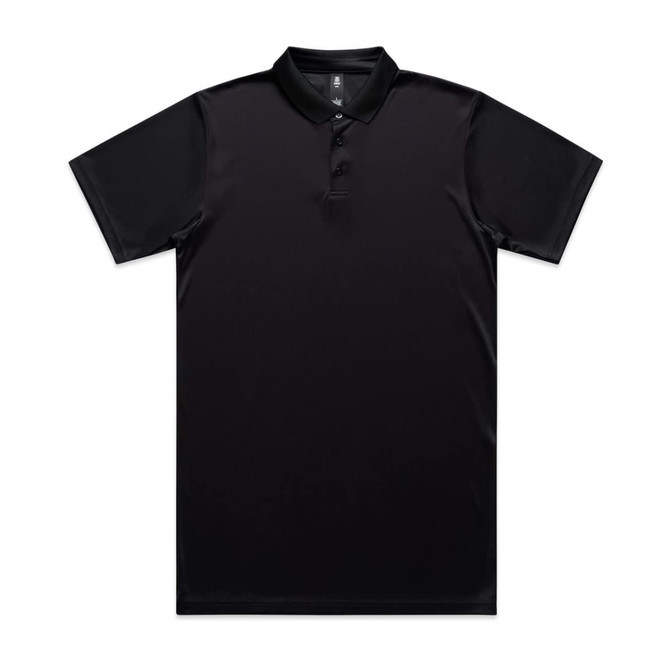 A black polo shirt featuring a collar and buttons, with a logo on the front. Suitable for workwear.