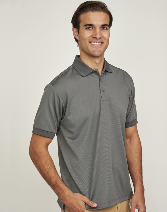 A grey men's sustainable poly/cotton polo shirt with a collar and short sleeves, featuring a logo.