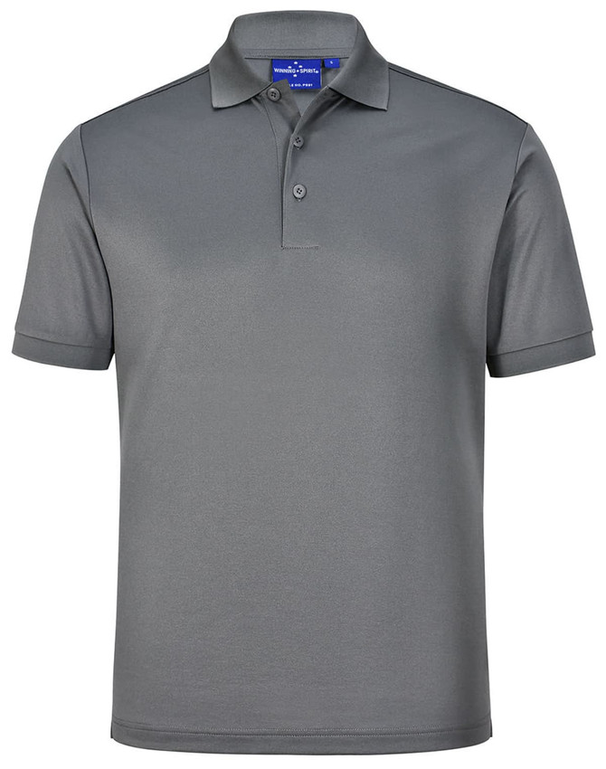 A men's sustainable poly/cotton polo shirt in grey, featuring a collar and three-button placket, with a logo.