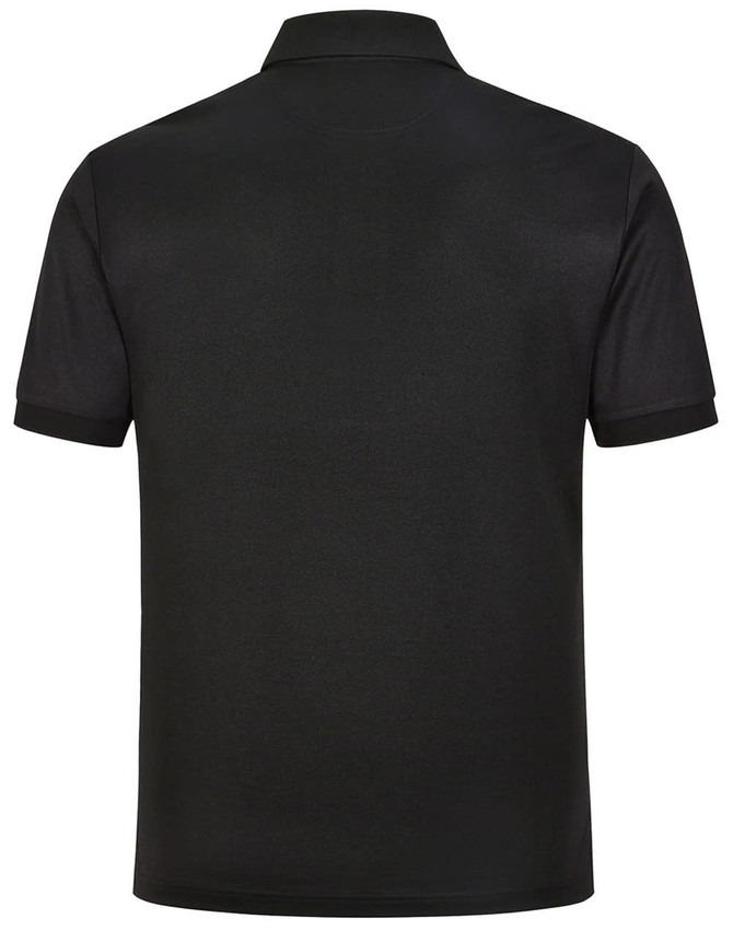 A black men's sustainable poly/cotton short-sleeve polo shirt with a simple design and a logo.