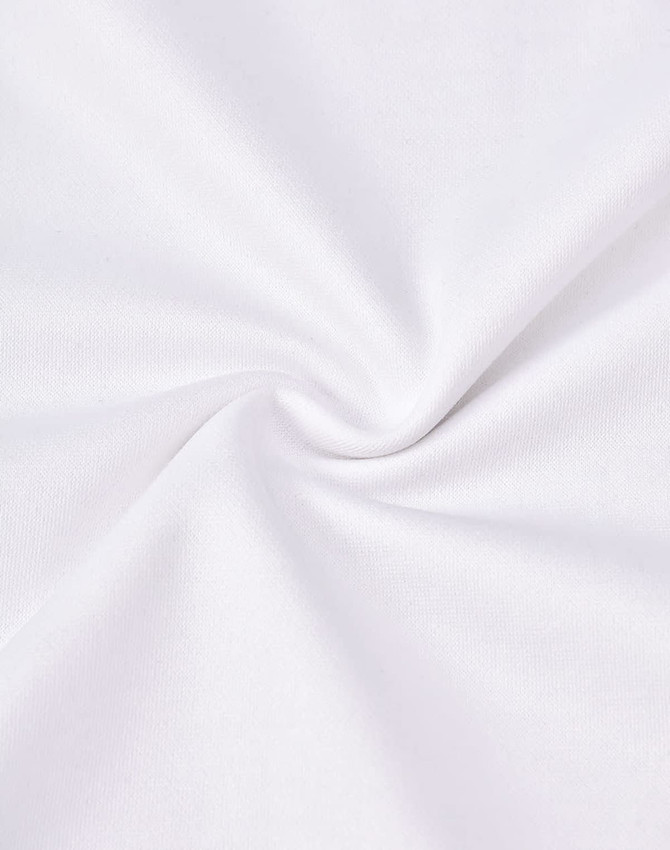 A close-up of white poly/cotton fabric, showing a smooth texture and a soft finish, with a slight twist in the cloth.