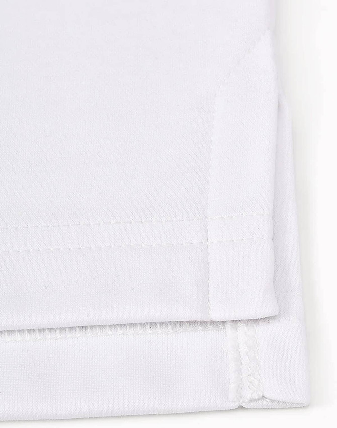 A white sustainable poly/cotton polo shirt with a folded sleeve, showcasing the fabric texture and stitching details.