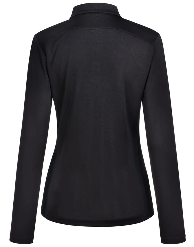 A black long-sleeve polo shirt for women with a fitted design and a collar, featuring a logo.