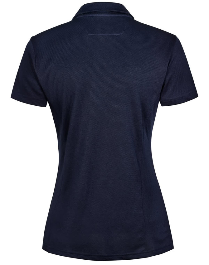 A dark navy ladies' polo shirt made from bamboo charcoal, featuring a collar and a fitted design. It has a logo.