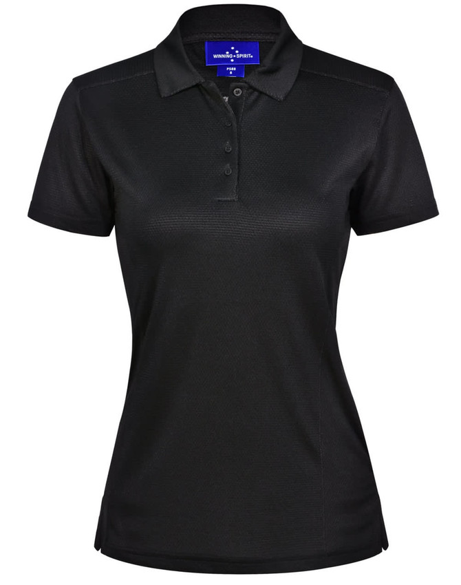 A black ladies' bamboo charcoal polo shirt with short sleeves and a collar, featuring a logo.