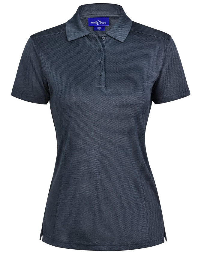 A ladies' short-sleeve polo shirt in dark grey with a subtle texture, featuring a collar and a logo.