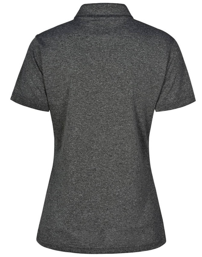 A grey short sleeve polo shirt with a collar and a subtle texture, featuring a logo on the collar.