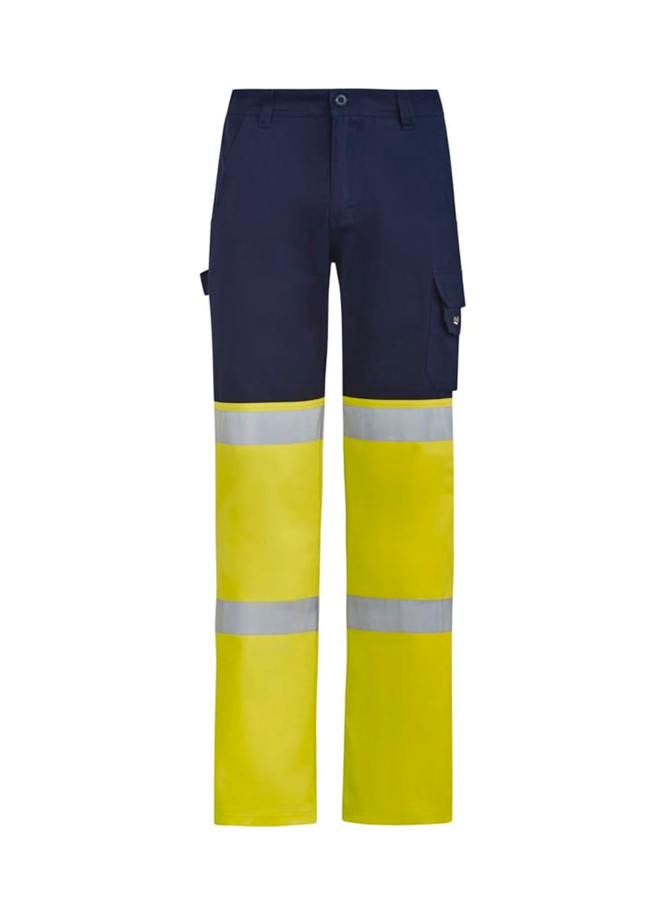 High-visibility work pants in navy and yellow with reflective tape and cargo pockets. Features a logo.