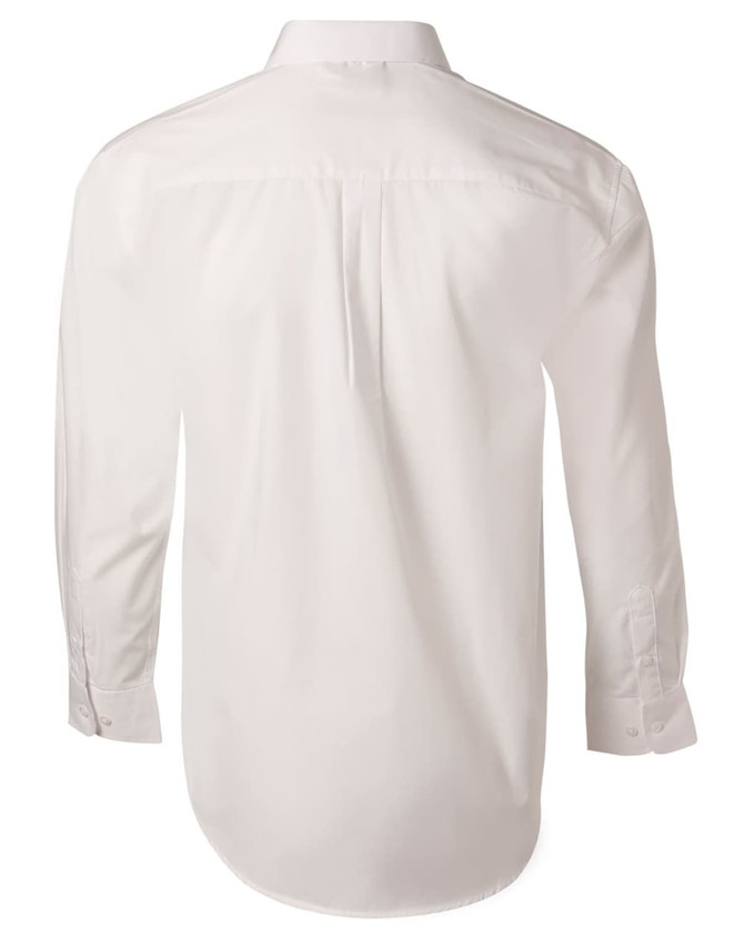 A white men's poplin long sleeve business shirt featuring a classic button-up design and a branded logo.