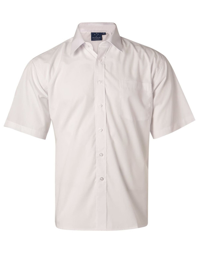 A white short sleeve business shirt with a button-up front and a chest pocket, featuring a logo.