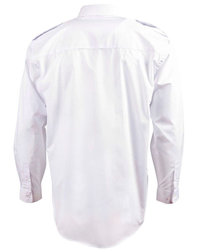 A white long sleeve button-up shirt featuring epaulette details and a back yoke. The shirt has a logo.