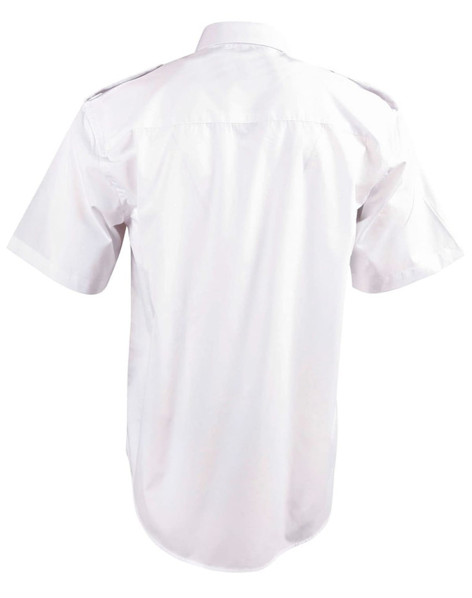 A white short sleeve button-up shirt with epaulettes and a smooth fabric texture, featuring a logo.