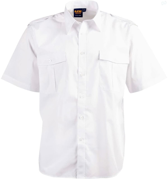 A white button-up short sleeve shirt with two front pockets and epaulettes, featuring a brand logo on the collar.