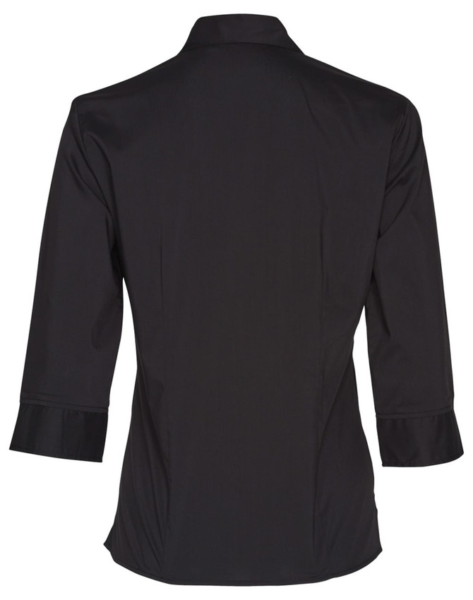 A black women's Teflon executive 3/4 sleeve shirt with a button-up design and a logo on the back.