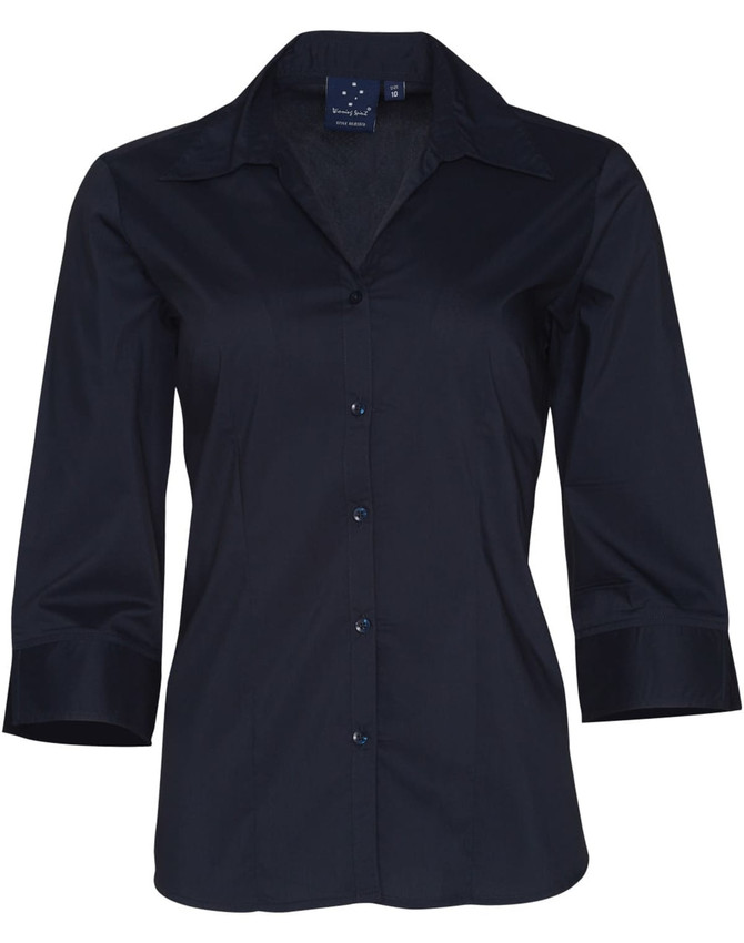 A women's black Teflon button-up shirt with 3/4 sleeves and a collar, featuring a logo.