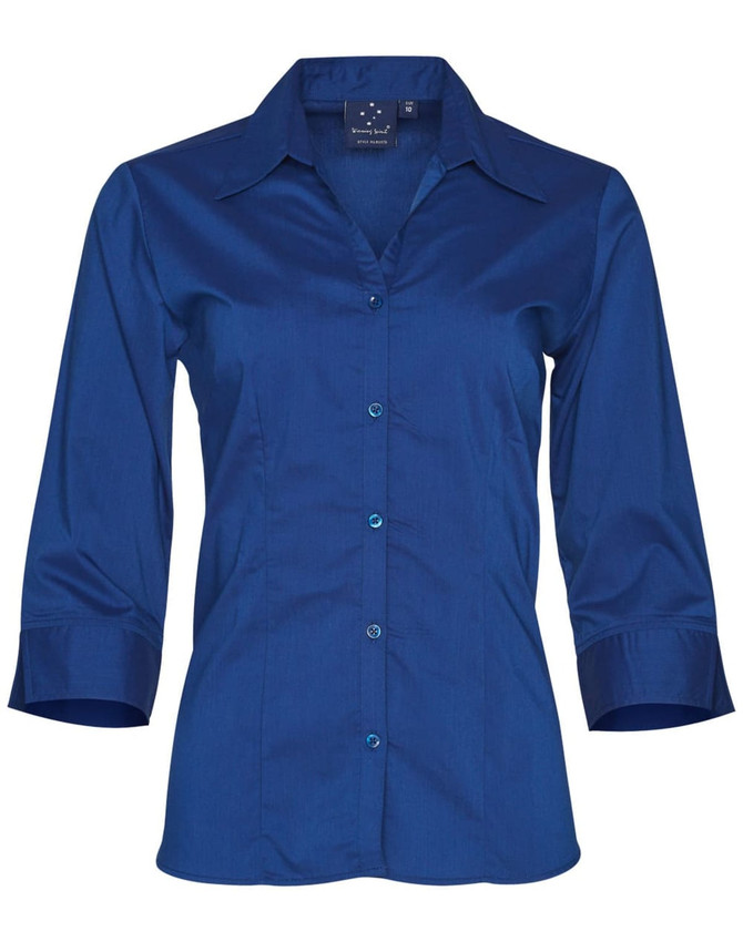 A dark blue women's 3/4 sleeve button-up shirt, featuring a collar and a logo on the inside.
