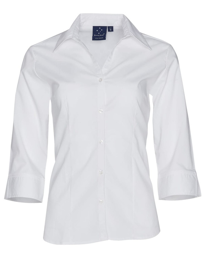 A women's white Teflon executive 3/4 sleeve button-up shirt, featuring a collar and a logo on the tag.