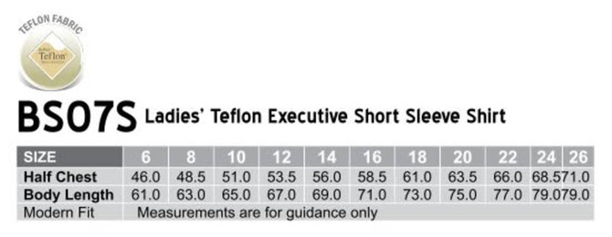 A table displaying sizing information for the Ladies’ Executive Short Sleeve Shirt, including measurements in inches.