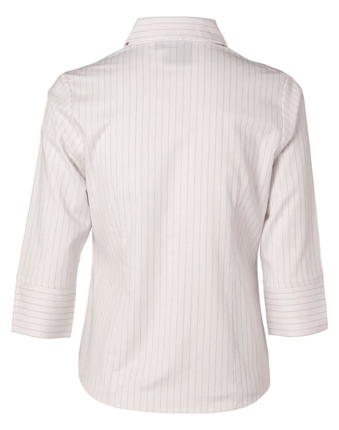 A light-coloured ladies' 3/4 sleeve button-up shirt with vertical stripes and a back collar. Features a small logo.