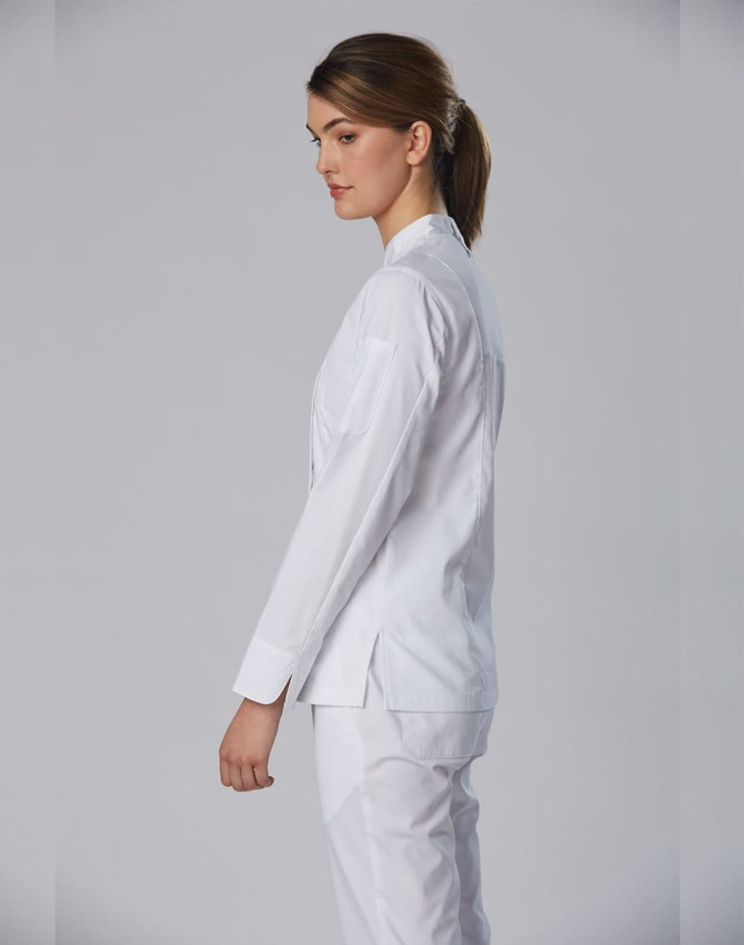 A white chef jacket designed for women, featuring long sleeves and a simple, elegant design.