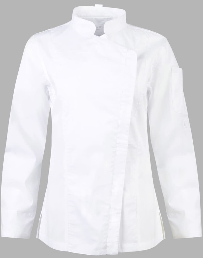 A white ladies' functional chef jacket with a mandarin collar and a sleeve pocket. Features include a stylish asymmetric design.