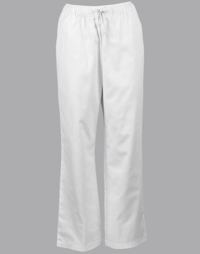 White chef's pants with an elastic waistband and a straight leg design, featuring a logo.