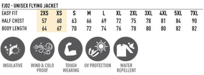 A chart displaying sizes and measurements for the Unisex Flying Jacket, featuring icons for insulation, windproofing, UV protection, and water repellency.