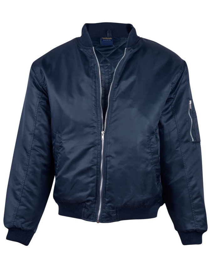 A navy blue soft shell jacket with a zip front and a side pocket, featuring a logo on the chest.